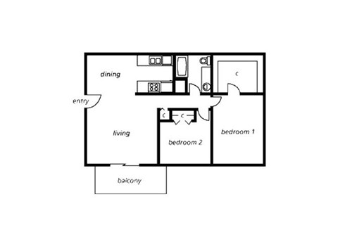 Floor plan for 2 beds, 1 bath, 848 sqft
